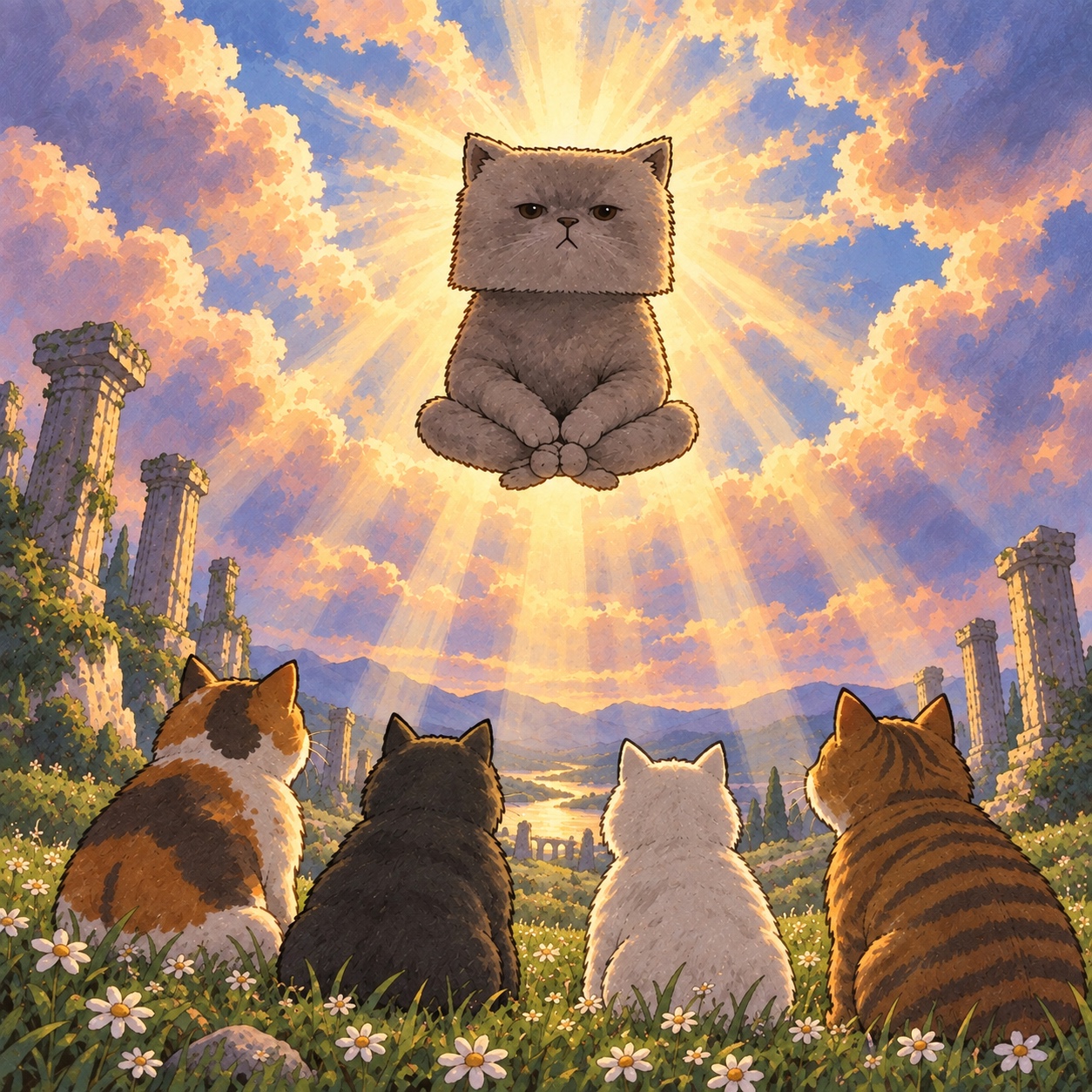Boxy resting in the heavens, surrounded by golden sunlight and clouds.