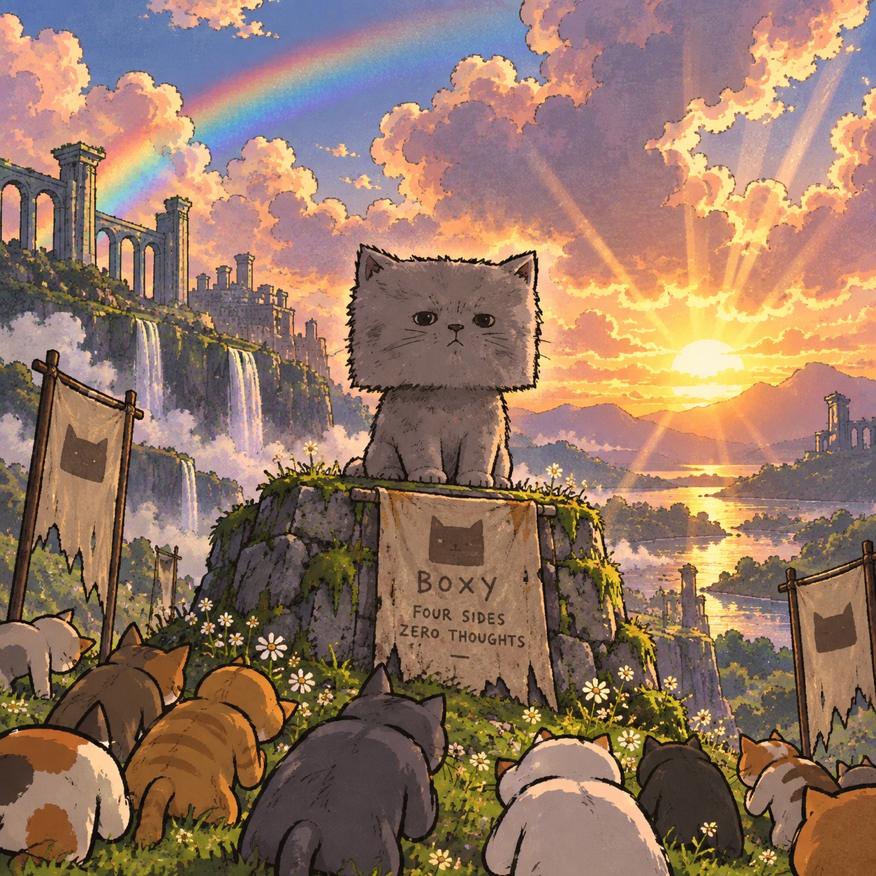 Illustrated Boxy, a gray cat with an impossibly square head, overlooking a crowd of cats in a sunset valley.