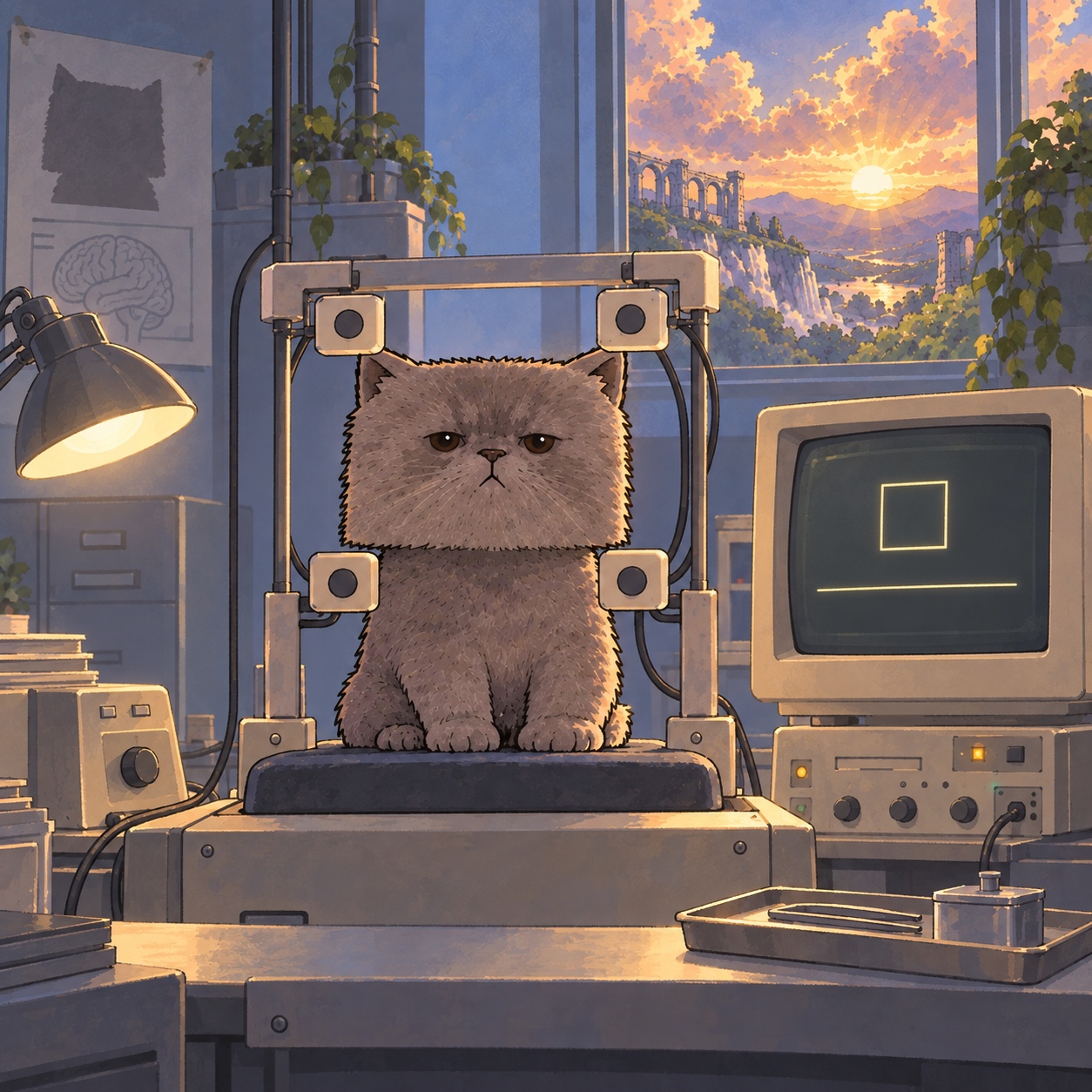 Boxy sits inside a retro thought scanner beside an empty monitor trace.